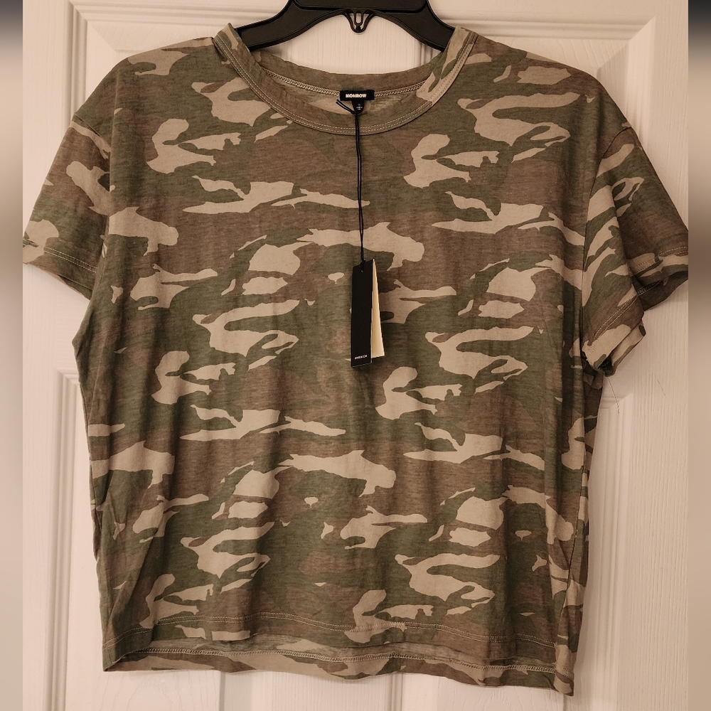 MONROW Tonal Camo Vintage Style Tee In Light Camouflage w/Boxy fit - Picture 3 of 8